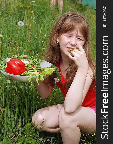 Portrait of the girl on a green grass with a dish of fresh vegetables. Portrait of the girl on a green grass with a dish of fresh vegetables