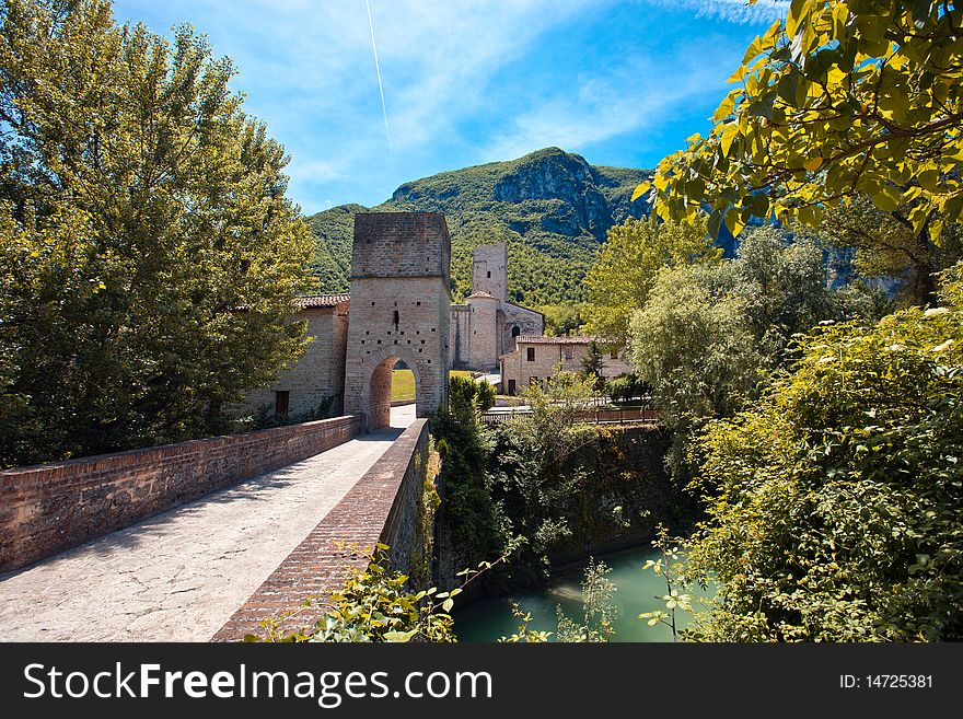 This ancient roman bridge is located near the San Vittore Abbey in the Italian region of the Marche.