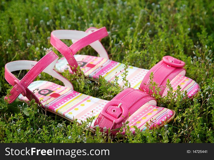 Pair of pink sandals on green grass