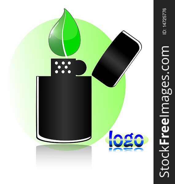 The colour abstract image of lighter on green background with flame in the form of green leaflet and inscription logo. The colour abstract image of lighter on green background with flame in the form of green leaflet and inscription logo