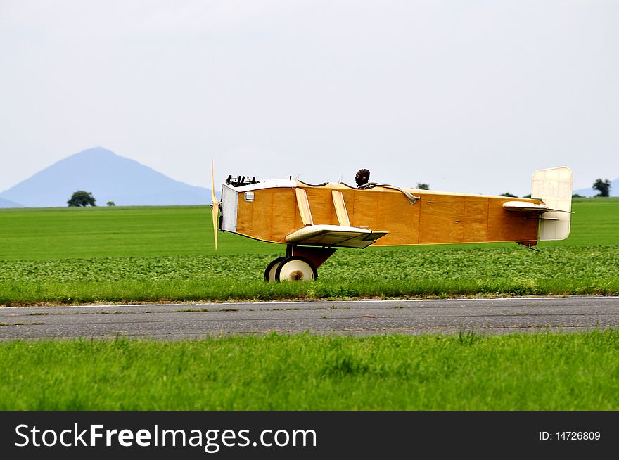 Historic wooden plane starts at the airport. Historic wooden plane starts at the airport.