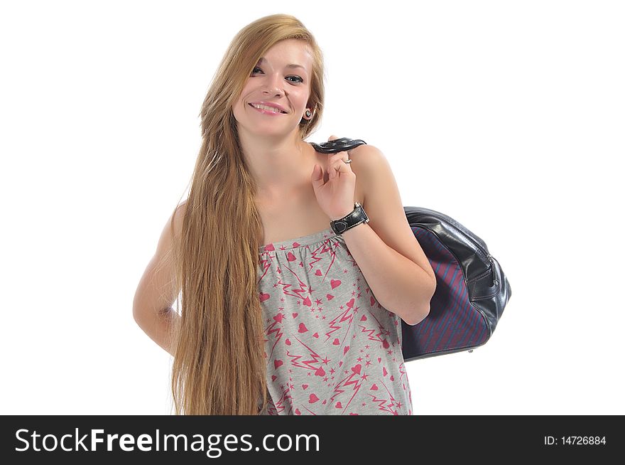 Long-haired beautiful girl with road bag