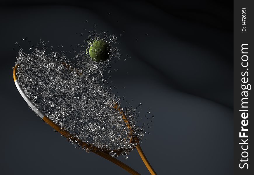 Racket and tennis ball and water