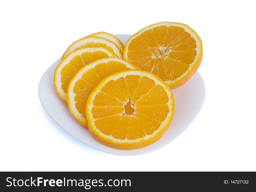 Orange slices are on the plate.
White background.