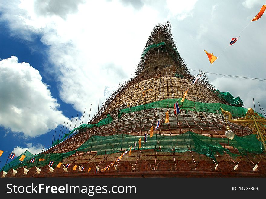 Chedi Renovation with blue sky, Thailand