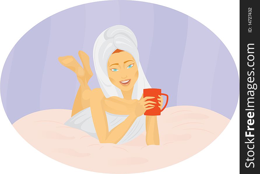 Girl drinking coffee in bed. Girl drinking coffee in bed