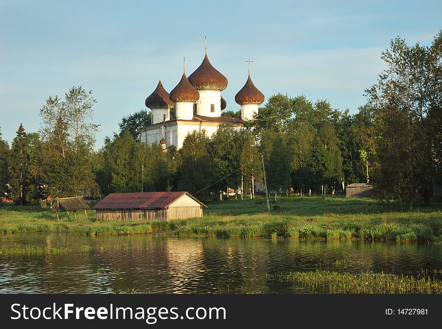 View of ancient Christmas cathedral in Kargopol from Onega riverbank, Russia. View of ancient Christmas cathedral in Kargopol from Onega riverbank, Russia