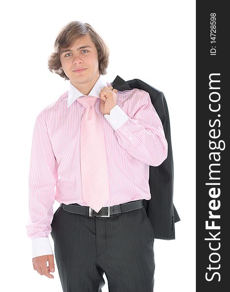 Smiling teenager in suit with ties isolated in white