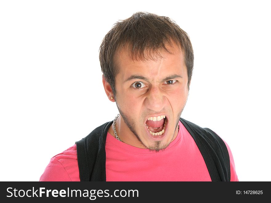Unshaven malicious young man shouts isolated in white