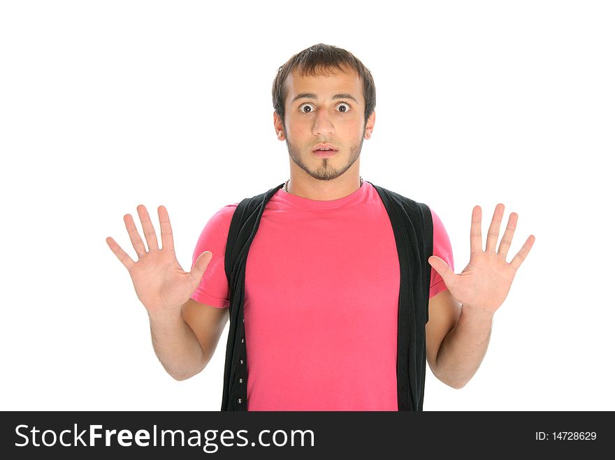 Surprised young man isolated in white