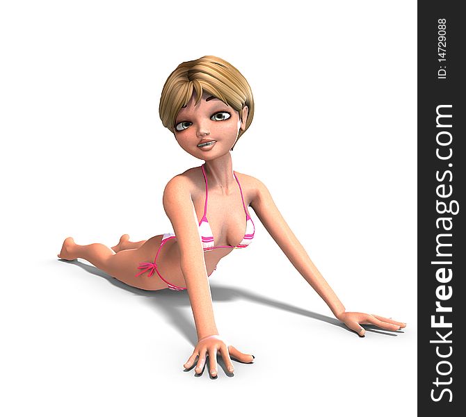 Cute and funny cartoon girl wearing a two piece bikini. 3D rendering with clipping path and shadow over white