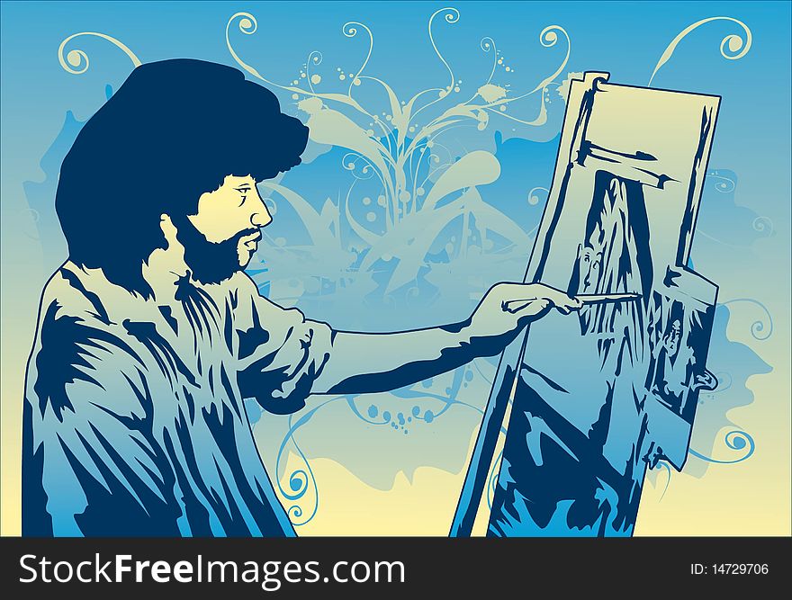 Image of a painter who is working with his paintbrush on his canvas. Image of a painter who is working with his paintbrush on his canvas.