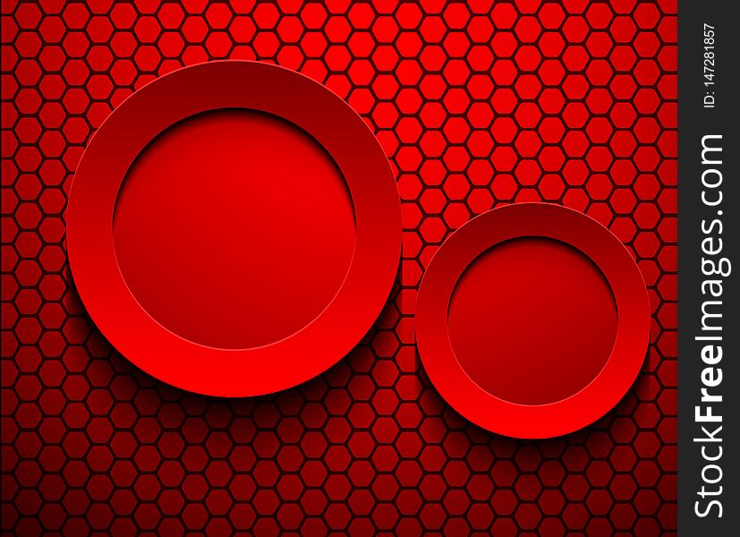Abstract red 3D background, circular shapes over hexagonal pattern, vector design