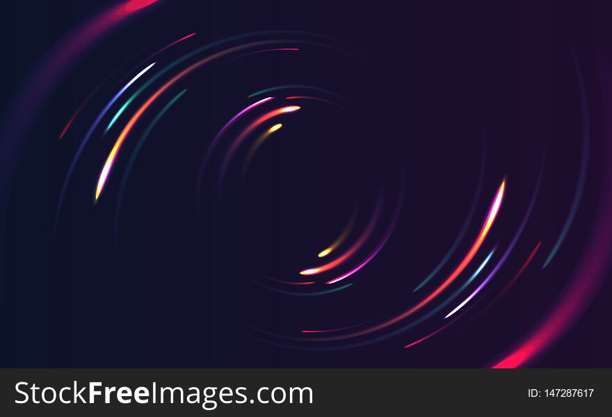 Neon lights in motion moving by circle shape, bright light graphic with sparks