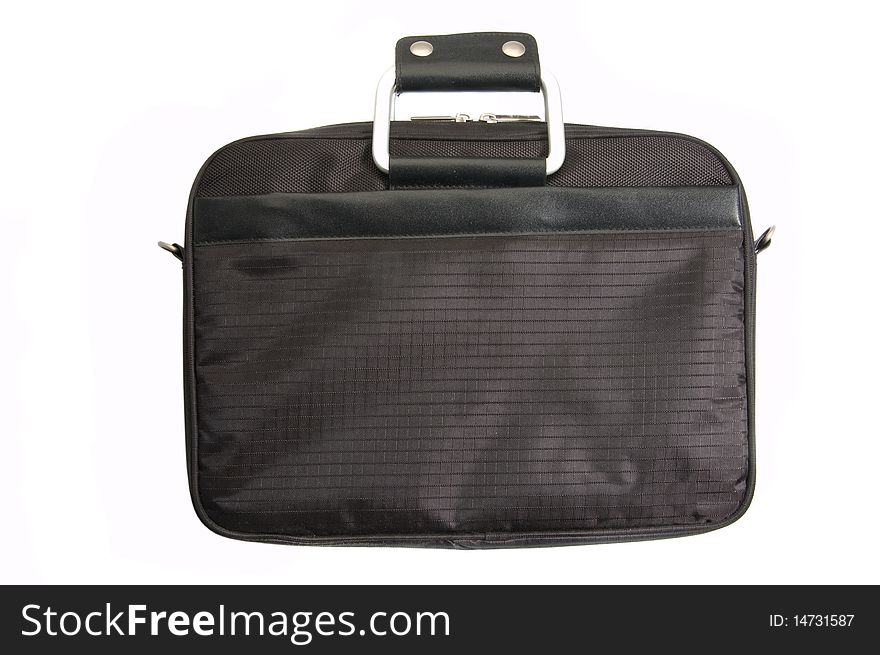 Stylish black handbag for laptop, white background. Stylish black handbag for laptop, white background