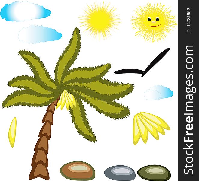 Nature summer icons ,palm ,stones sun and clouds.