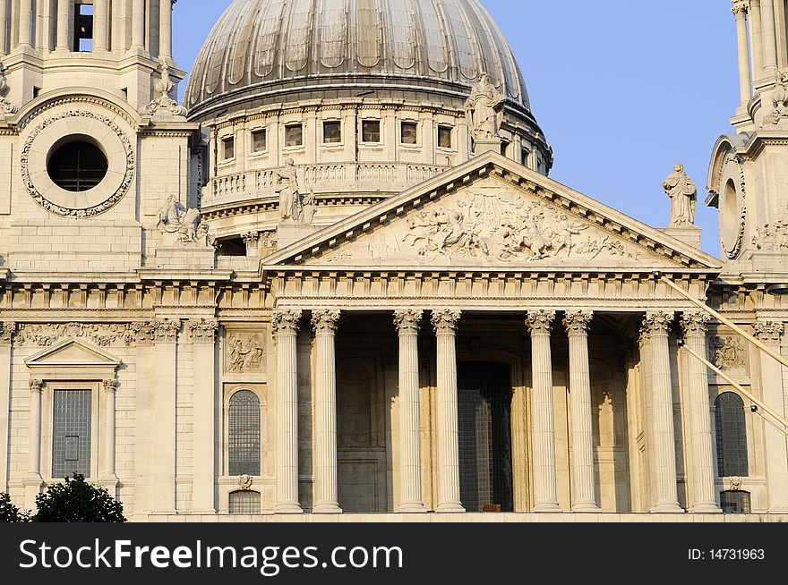 Dome and columns of Saint Paul's Cathedral from London UK