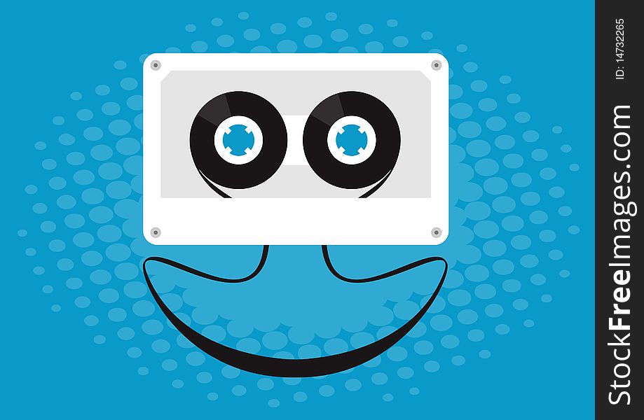 Illustration of a cassette with the tape forming a smile. Illustration of a cassette with the tape forming a smile