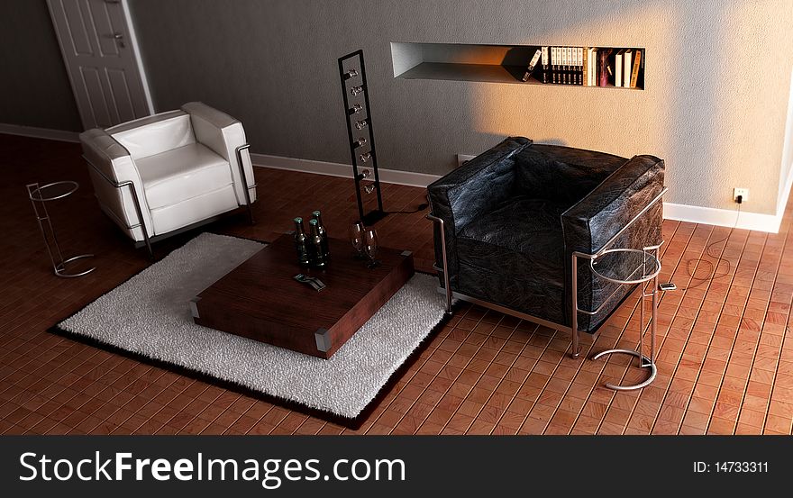 3D rendering of a modern interior with the two couchs.