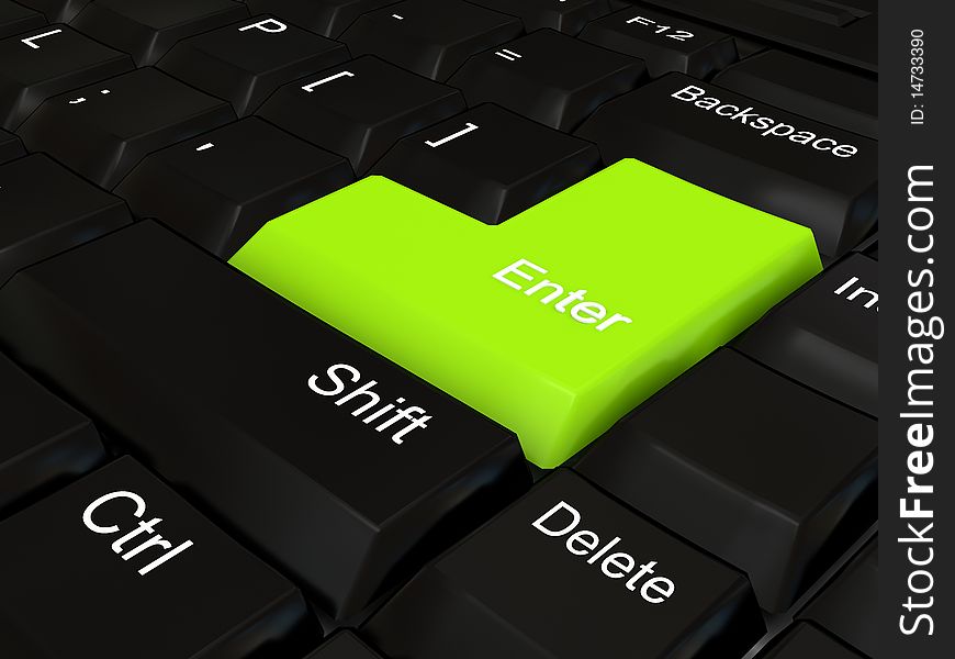 Keyboard - green key. 3d rendered image