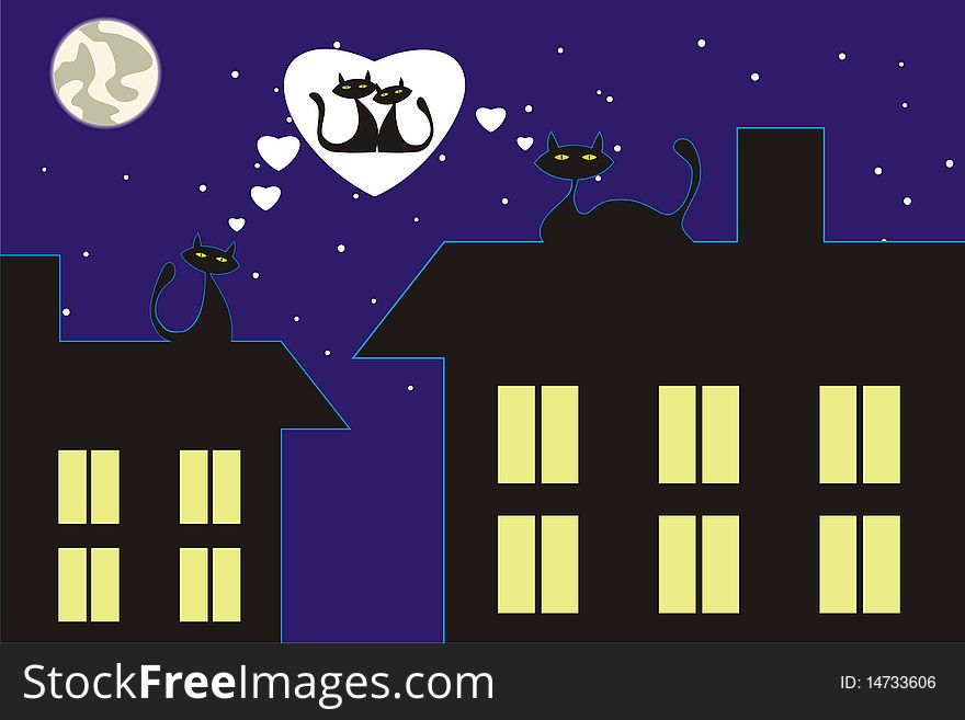 Enamoured cats on a roof, stars in the sky, a night city, the moon in the sky. Enamoured cats on a roof, stars in the sky, a night city, the moon in the sky