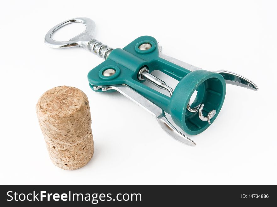 Cork and elegant corkscrew over white