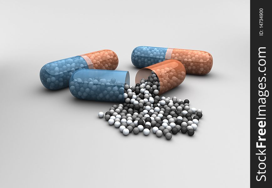 3D rendered image of pills with scattered balls. 3D rendered image of pills with scattered balls