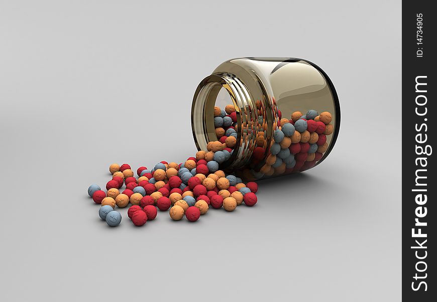 3D Rendered image of jar with scattered radiation balls. 3D Rendered image of jar with scattered radiation balls