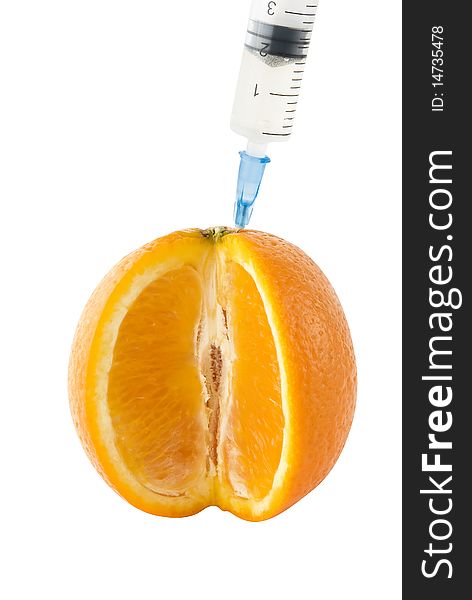 Juicy Orange with syringe. Food modification theme