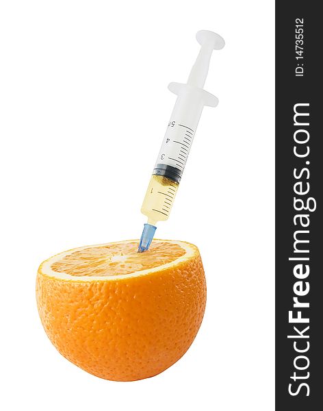 Juicy Orange with syringe. Food modification theme