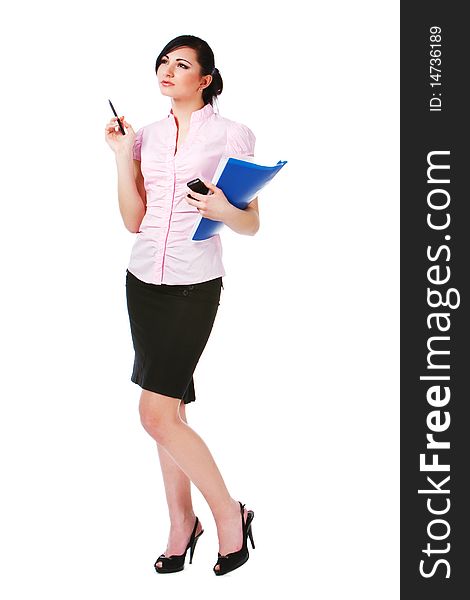 Attractive young girl in pink blouse with papers