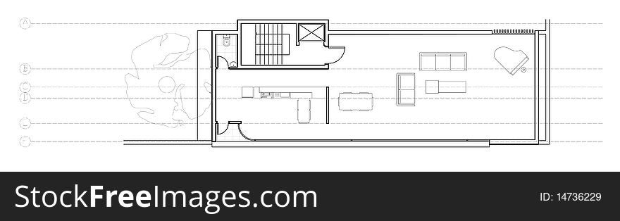 First floor plan of a house that is floating over its garden. First floor plan of a house that is floating over its garden