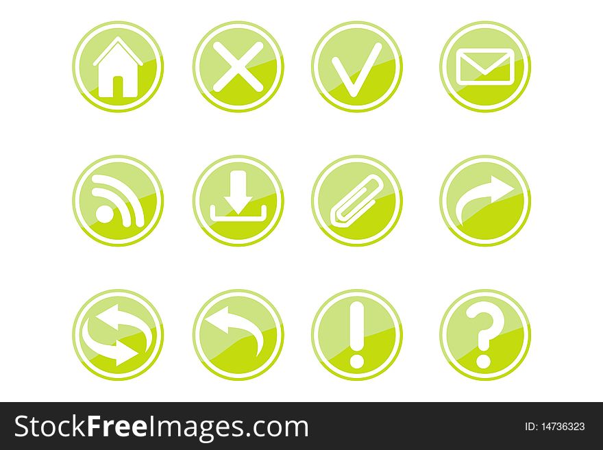 Set from 12 symbols, green symbols, round icons. Set from 12 symbols, green symbols, round icons