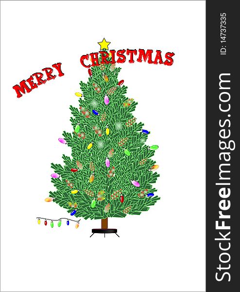 Christmas tree with lights and cones on white with text in red curved. Christmas tree with lights and cones on white with text in red curved