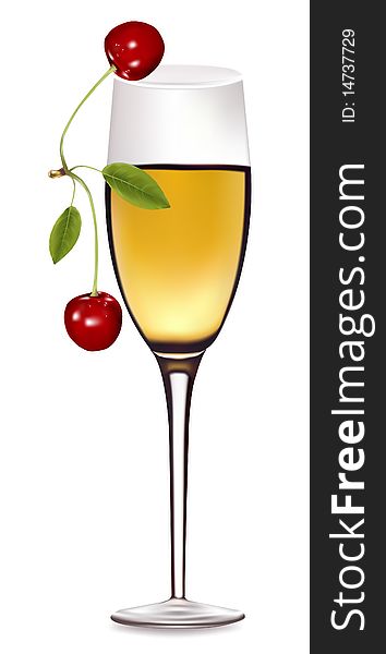 Photo-realistic  illustration. A glass of white wine with cherry.