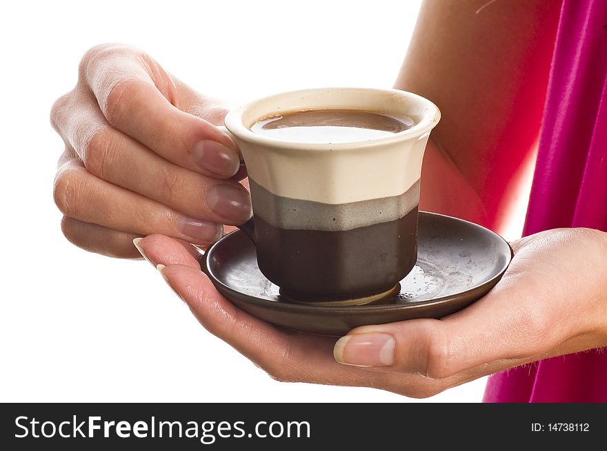 Cup of coffee in the girl's hands. Cup of coffee in the girl's hands