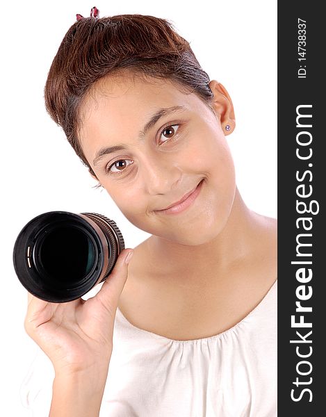 Girl with lens isolated on white background