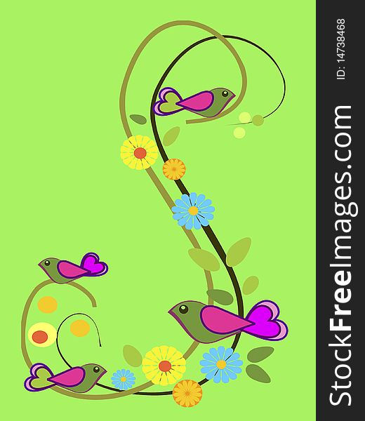 An illustration with cute colorful birds on swirling brenches and little flowers around. Can be used as a card or background. An illustration with cute colorful birds on swirling brenches and little flowers around. Can be used as a card or background