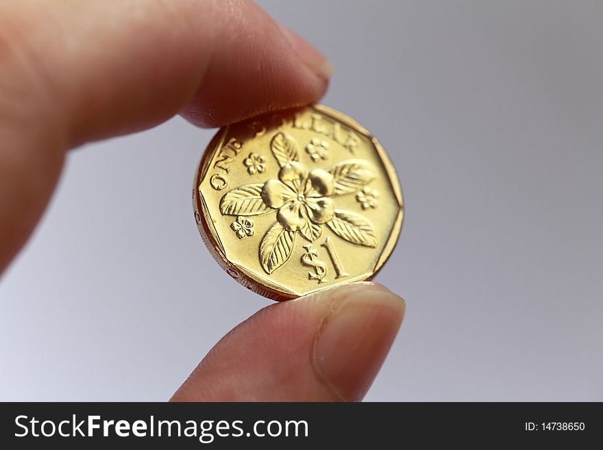 Hand with One singapore coin.