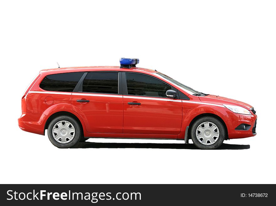 Red firefighter car with blue flashlight on white background. Red firefighter car with blue flashlight on white background