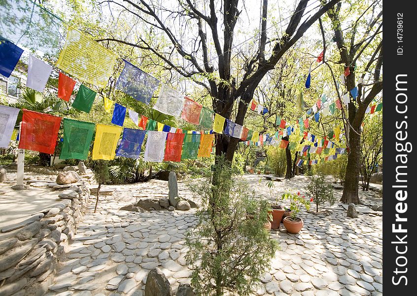 Prayer flags in a beautiful temple garden in india