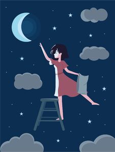 Free Romantic Cute Girl Dreams To Get To The Moon. Royalty Free Stock Images - 147319509