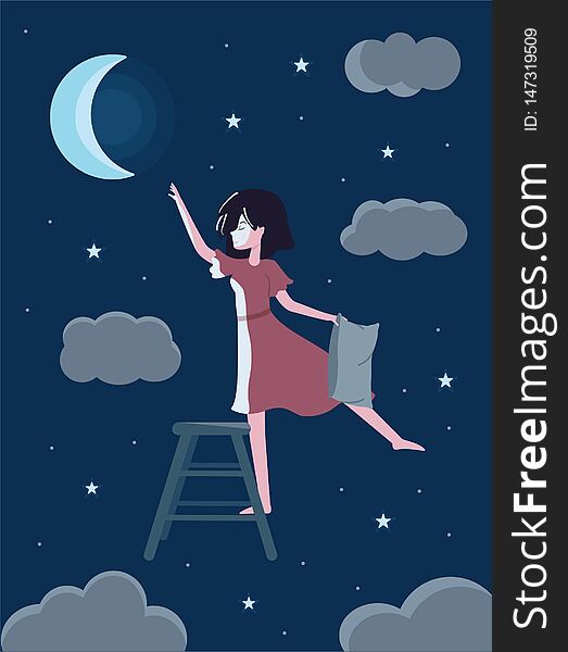 Romantic cute girl dreams to get to the moon. Sleeping girl with moon and stars