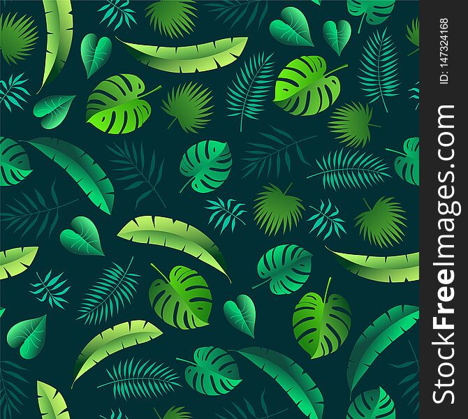 Seamless background of a variety of green tropical leaves and palm branches. Seamless background of a variety of green tropical leaves and palm branches