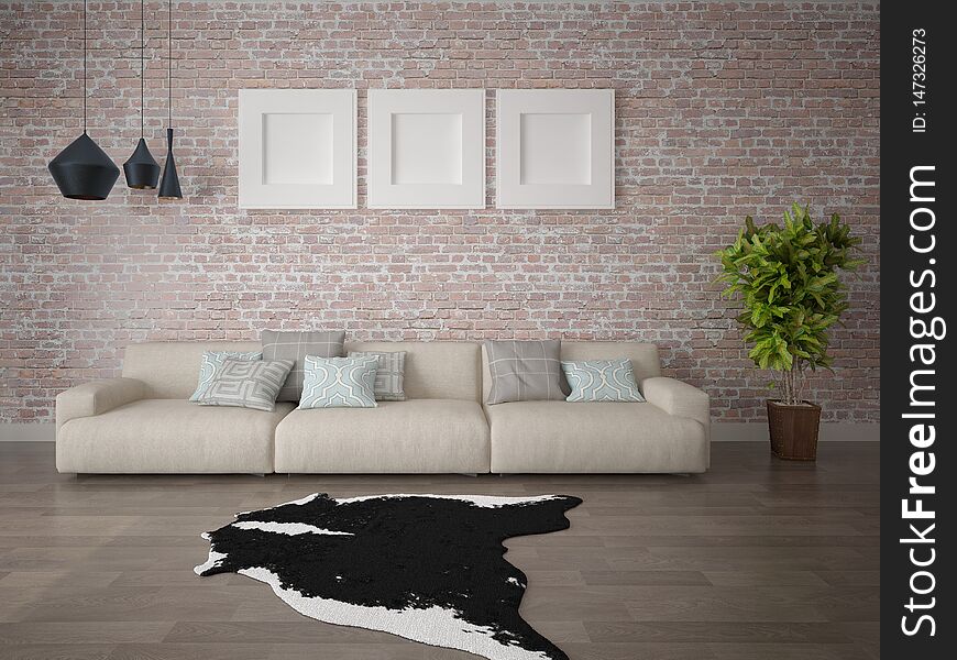 Mock up modern living room with large comfortable sofa and brick wall background. Mock up modern living room with large comfortable sofa and brick wall background.