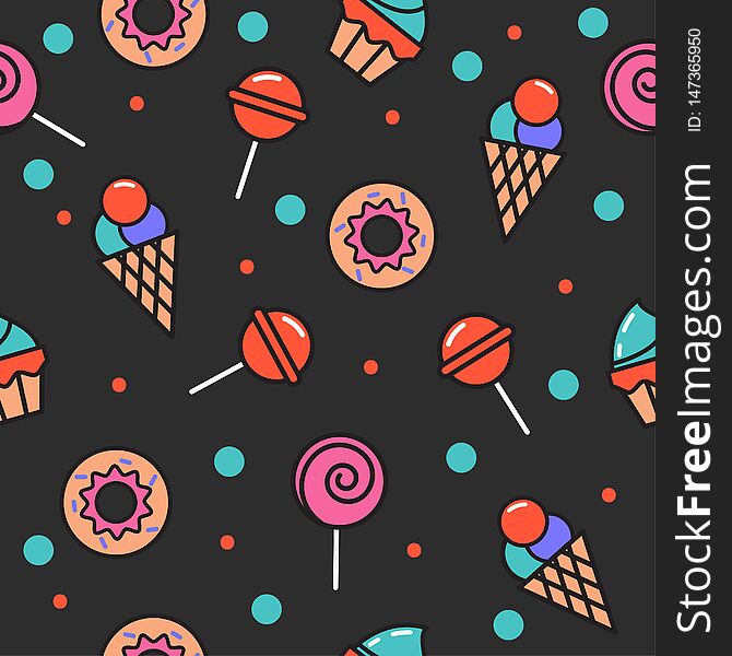 Seamless pattern of sweets, donut, lollipop, cupcake, ice cream. Background for kids cafe menu, wrapping paper. Vector banner