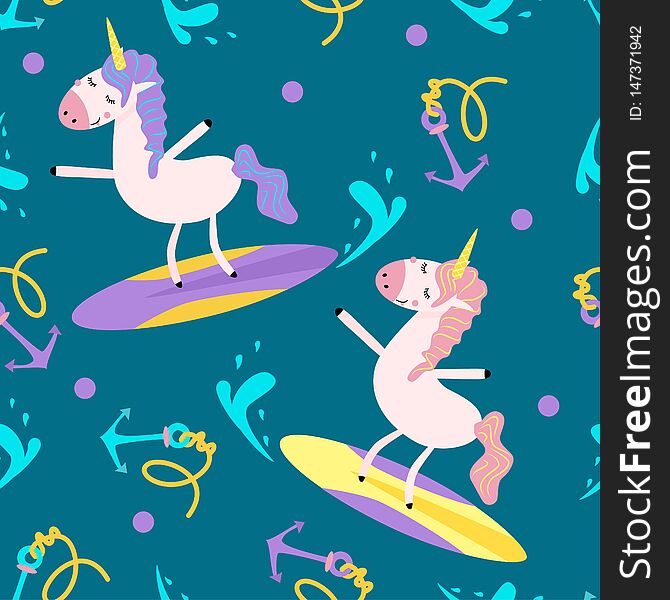 Seamless pattern with a unicorn on a surfboard - vector illustration, eps