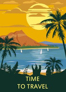 Free Retro Vintage Time To Travel Style Travel Poster Or Sticker. Tropical Island Paradise Sunset, Ocean, Beach And Palm Stock Images - 147398144