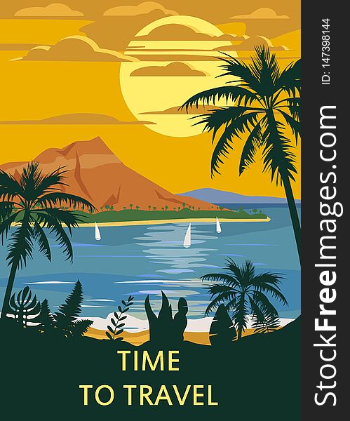 Retro Vintage Time to Travel style travel poster or sticker. Tropical island paradise sunset, ocean, beach and palm