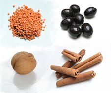 Food Ingredients - Lenses Olives Walnut Cinnamon Royalty Free Stock Image